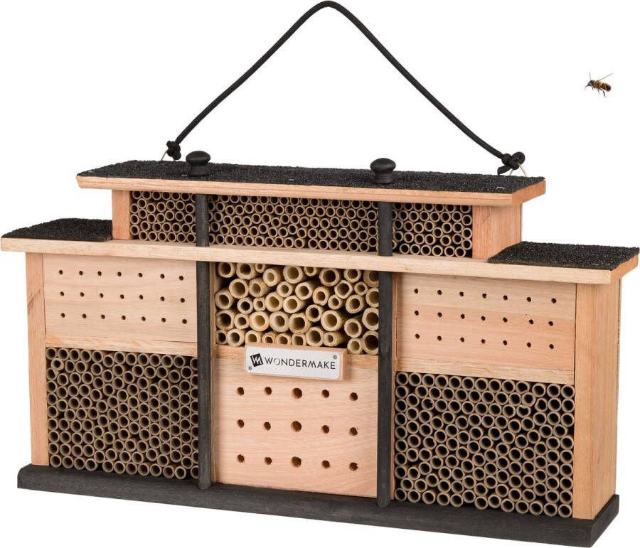 Wondermake Design Insectenhotel van eucalyptus hout met 7 kamers en terras groot insectenhuis bijenhotel bijenhuis hotel huis nestkast voor insecten bruin zwart
