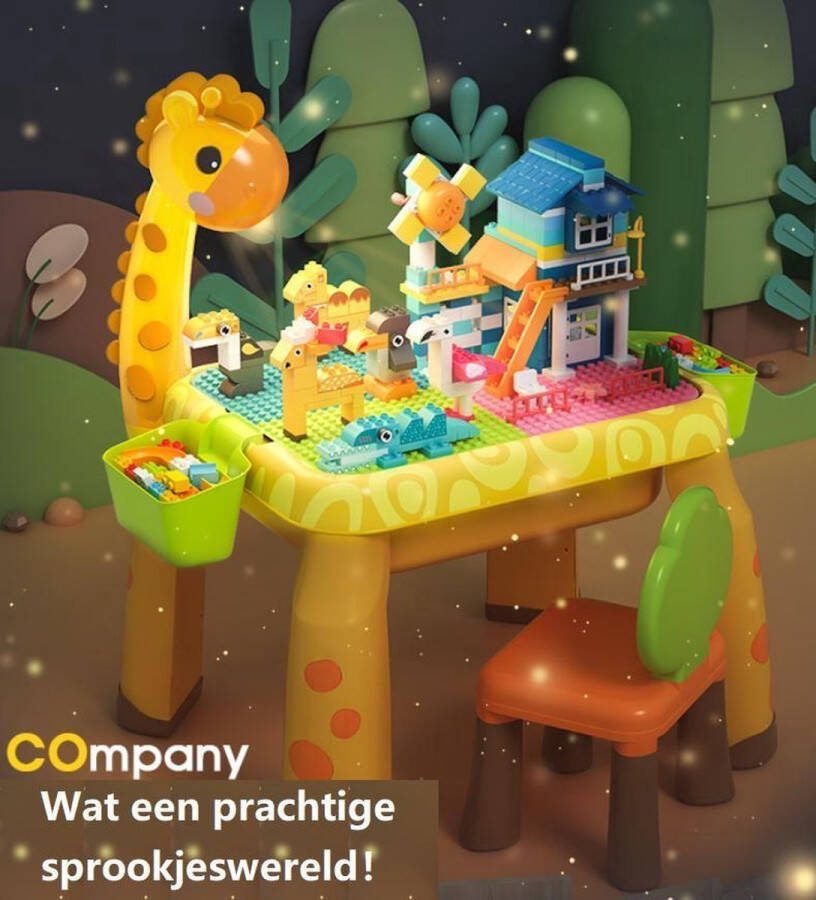 WonderMind 6-in-1 Giraffe Bouwtafelset met 110-delige (Grote Bouwstenen) & LED Lamp Bouwtafel + 2 stoelen + 2 opbergdozen + 110 Bouwblokken Studeertafel Speeltafel Kinder tafel- en stoelenset Constructie Activiteiten Tabel compatibel met DUPLO