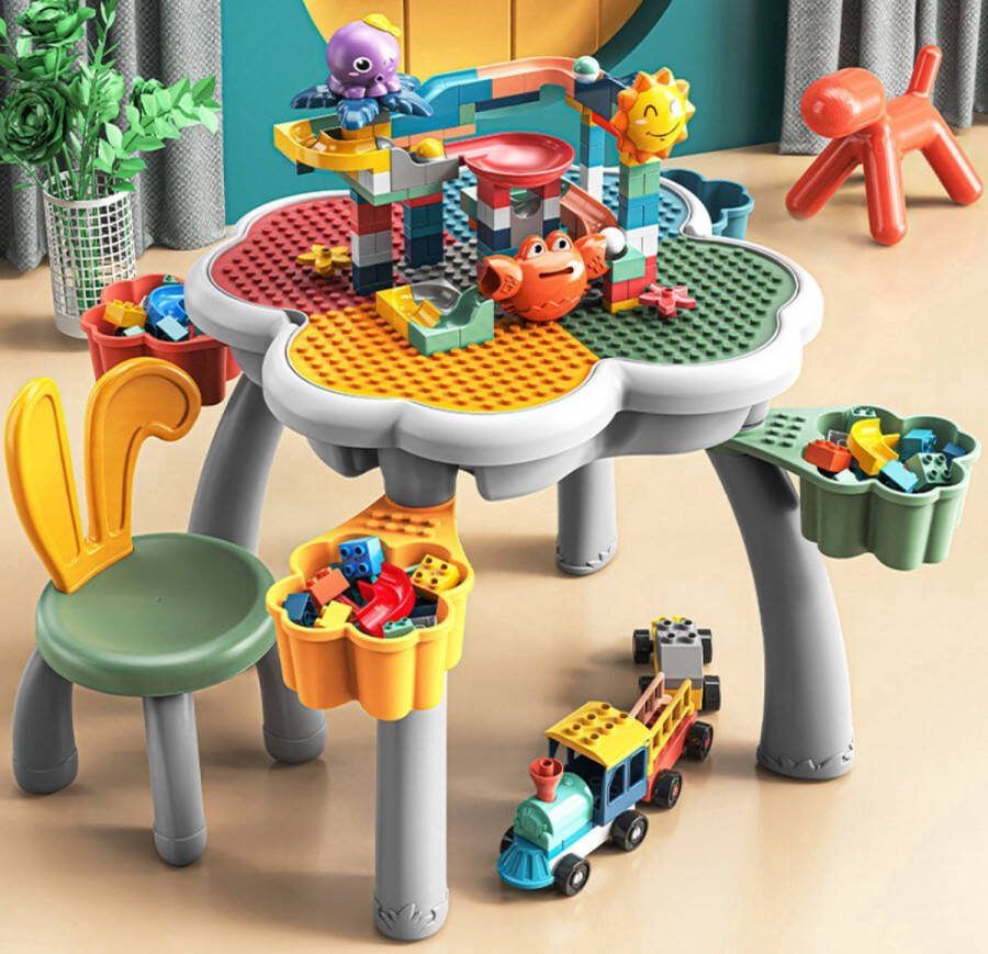 WonderMind 7-in-1 Bloementafel + 152 Bouwblokken + 1 Konijnenstoel + 4 Opbergdozen Constructietafel Kinderwerktafel Speeltafel Zandbak Watertafel Kinder tafel- en stoelenset met speelgoedopslag Bouwtafel compatibel met DUPLO (Grote bouwstenen)