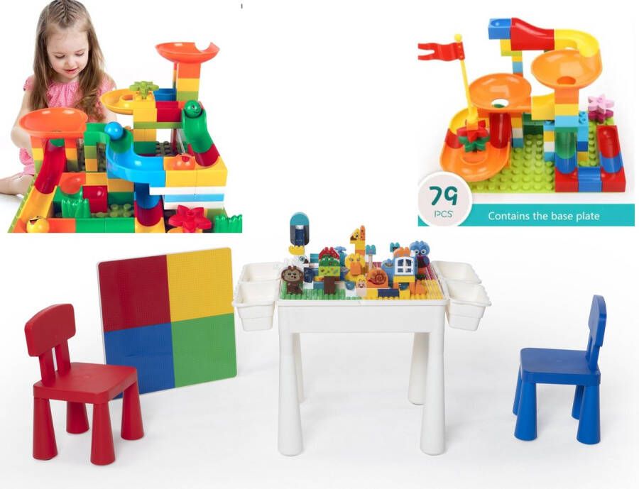 WonderMind 【All-in-One】Bouwtafelset inc. 100 bouwblokken voor LEGO & DUPLO Multifunctioneel Kinderbouwtafel met 2 stoelen + 4 Opbergbakken Constructietafel Kinderwerktafel Speeltafel Zandbak Watertafel Kindertafel en stoelen Klassieke Mondriaan