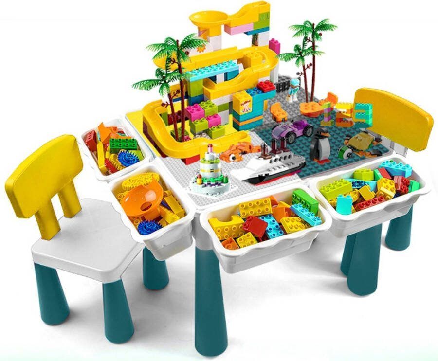 WonderMind 【Alles-in-1 Profi Promo】Bouwtafel set + 151 Bouwblokken Kindertafel met 2 Stoeltjes en 4 Bakjes Blokkentafel Speeltafel Blokken Tafel Kinderen Constructie Speelgoed 2 3 4 5Y Geschikt voor Duplo (Grote) & Lego (Kleine) Bouwstenen