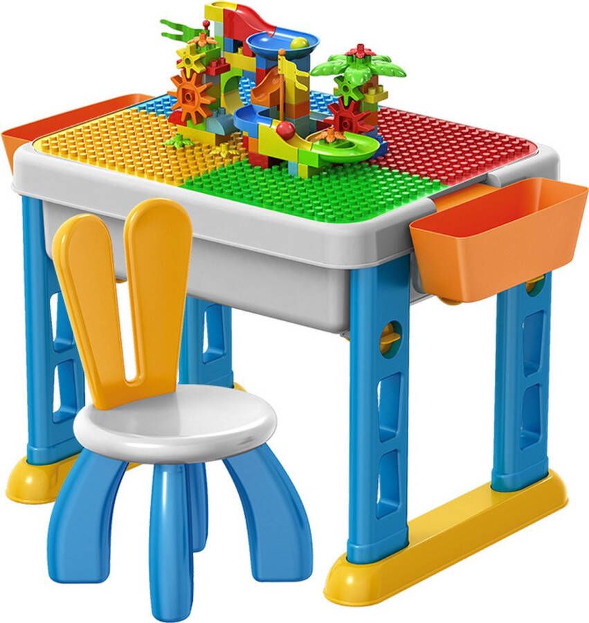 WonderMind Portable Bouwtafel Set voor LEGO & DUPLO + 105 Bouwblokken Speelgoedkoffer Multifunctioneel Kinderbouwtafel + 1 stoel + 2 Opbergbakken Constructietafel Blokkentafel Speeltafel Zandtafel Watertafel Knutseltafel Kindertafel en Stoel