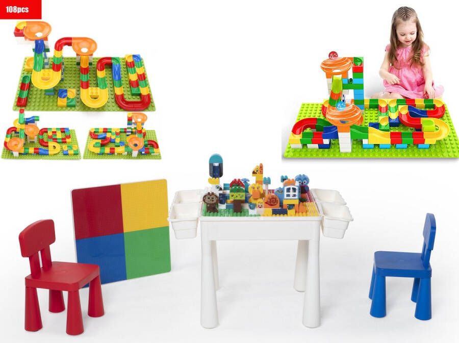 WonderMind *Profi Promo Bouwtafelset inc. 108 bouwblokken voor LEGO & DUPLO Multifunctioneel Kinderbouwtafel met 2 stoelen + 4 Opbergbakken Constructietafel Kinderwerktafel Speeltafel Zandbak Watertafel Kindertafel en stoelen Klassieke Mondriaan