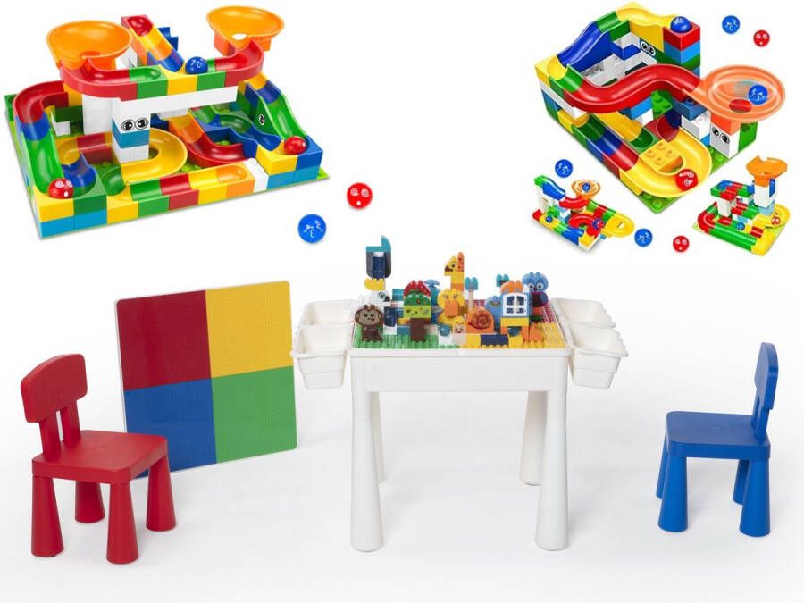 WonderMind *Profi Promo* Bouwtafelset inc. 52 bouwblokken voor LEGO & DUPLO Multifunctioneel Kinderbouwtafel met 2 stoelen + 4 Opbergbakken Constructietafel Kinderwerktafel Speeltafel Zandbak Watertafel Kindertafel en stoelen Klassieke Mondriaan