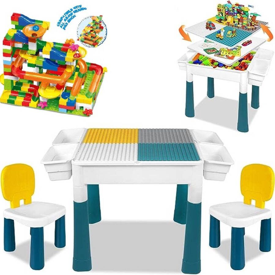 WonderMind 【Profi Promo】Bouwtafelset inc. 80 bouwblokken voor LEGO & DUPLO Multifunctioneel Kinderbouwtafel met 2 stoelen + 4 Opbergbakken Constructietafel Kinderwerktafel Speeltafel Zandbak Watertafel Kindertafel en stoelen Klassieke Lego-kleuren