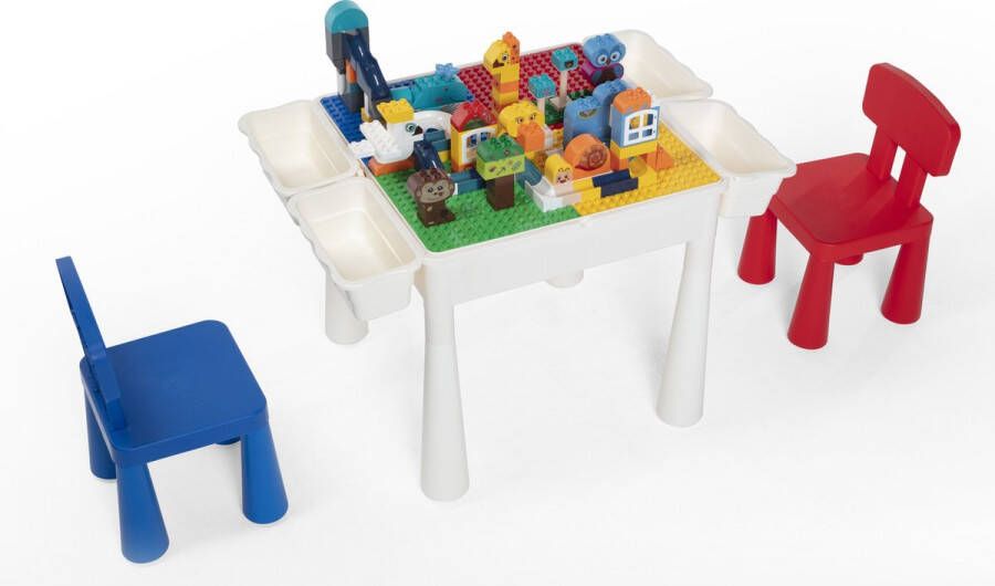 WonderMind 【Profi Promo】Bouwtafelset inc. 80 bouwblokken voor LEGO & DUPLO Multifunctioneel Kinderbouwtafel met 2 stoelen + 4 Opbergbakken Constructietafel Kinderwerktafel Speeltafel Zandbak Watertafel Kindertafel en stoelen Klassieke Lego-kleuren