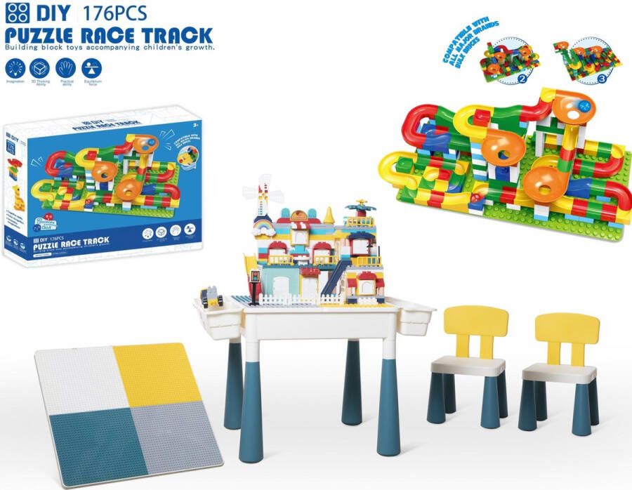 WonderMind 【Profi Promo】Bouwtafelset inc. 176 bouwblokken voor LEGO & DUPLO Multifunctioneel Kinderbouwtafel met 2 stoelen + 4 Opbergbakken Constructietafel Kinderwerktafel Speeltafel Zandbak Watertafel Kindertafel en stoelen Aquamarijnkleur