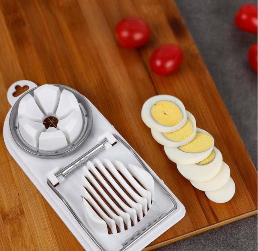 Wondersathome Eiersnijder combi Vaatwasser bestendig Snijder Champigonsnijder Professionele Kwalitatieve Eiersnijder Egg slicer Metalen Snijdraden Sterke Houder Stalen Eisnijder Wit dubbele eiersnijder