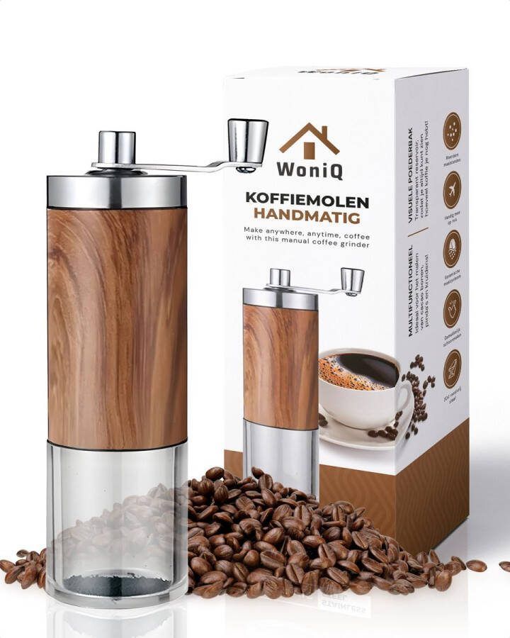 WoniQ Handmatige koffiemolen Luxe Bonenmaler Koffiemolen handmatig met verstelbare maalstanden koffiebonen maler van sterk RVS Keramisch Maalsysteem Koffiemaler
