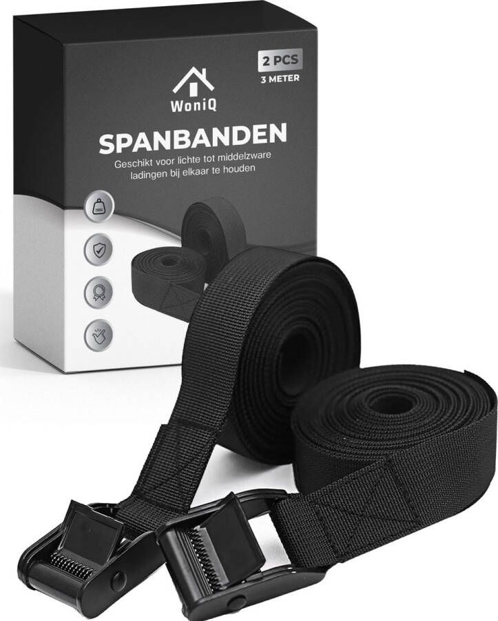 WoniQ Spanbanden 3 meter 2 stuks in de Verpakking Sjorbanden Fiets spanbanden met klemgesp Bindriemen Zwart