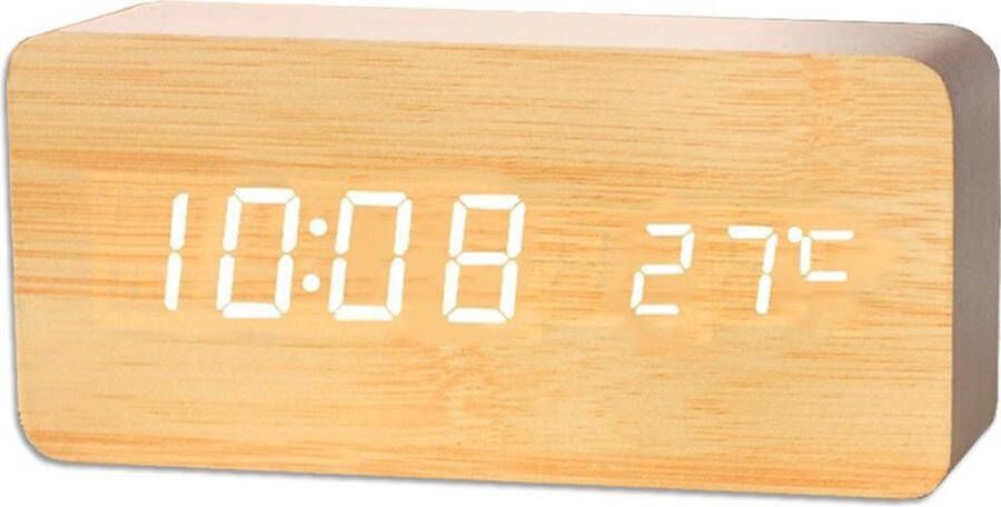 Wood Clock Original Houten wekker – Alarm Clock – Rechthoek groot Beige kleur – Reiswekker Tijd datum temperatuur weergave – Sound control Dimbaar – LED display – Gratis Adapter Draadloos met batterijen
