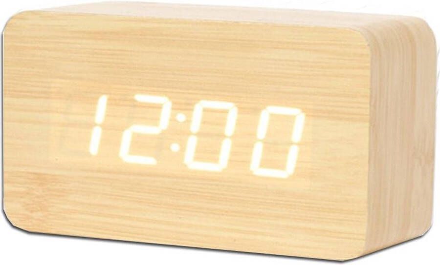 Wood Clock Original Houten wekker – Alarm Clock – Rechthoek midden Beige kleur – Reiswekker Tijd datum temperatuur weergave – Gratis Adapter Draadloos met batterijen