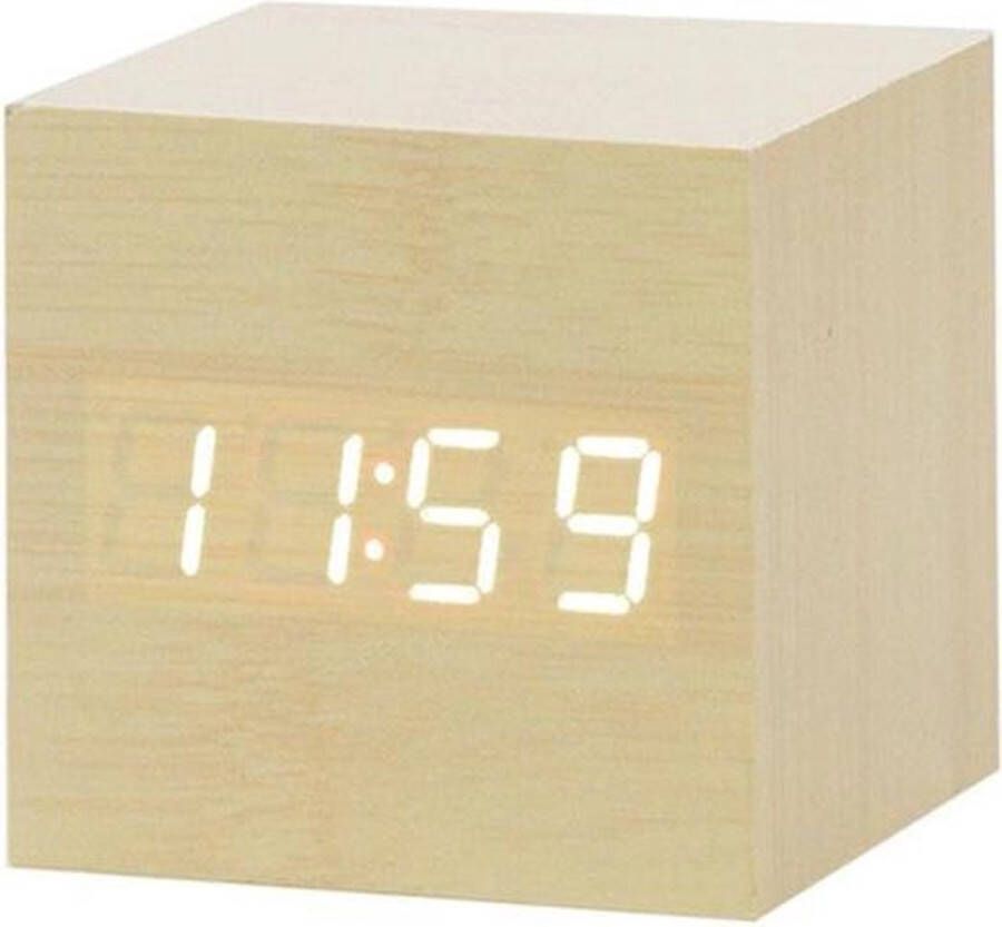 Wood Clock Original Houten wekker Kubus Beige Digitale wekker Thermometer Dimbaar – Cube klok clock Gratis Adapter Draadloos