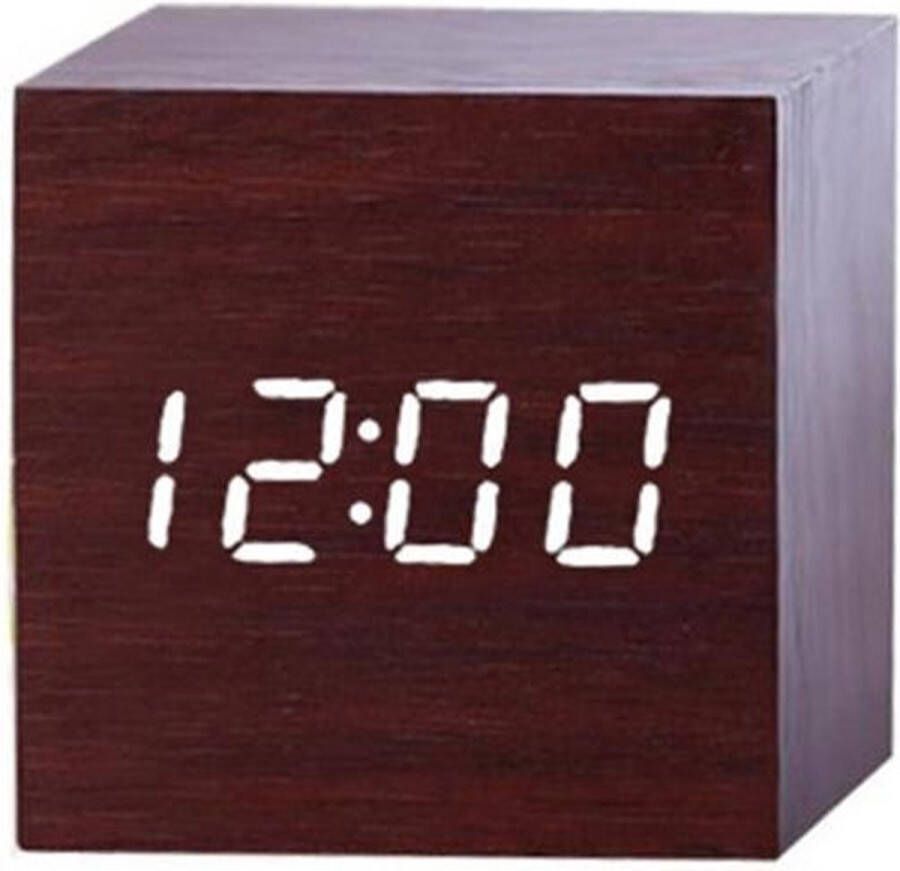 Wood Clock Original Houten wekker Kubus Bruin Digitale wekker Thermometer Dimbaar – Cube klok clock Gratis Adapter Draadloos