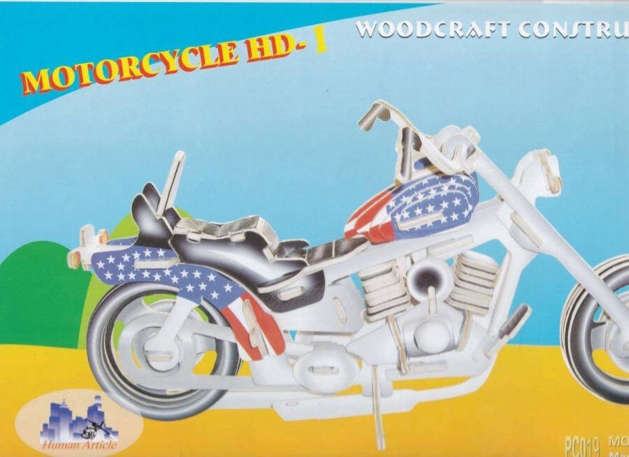 Woodcraft 3D Puzzel Bouwpakket Harley Motor hout gekleurd