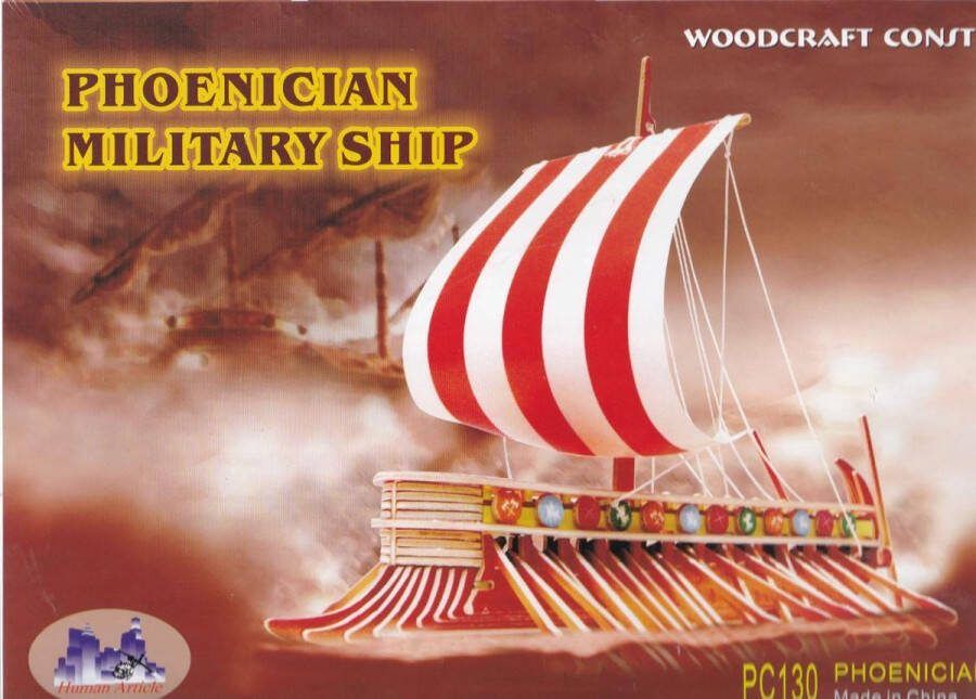 Woodcraft 3D Puzzel Bouwpakket Phoeniciers schip hout gekleurd