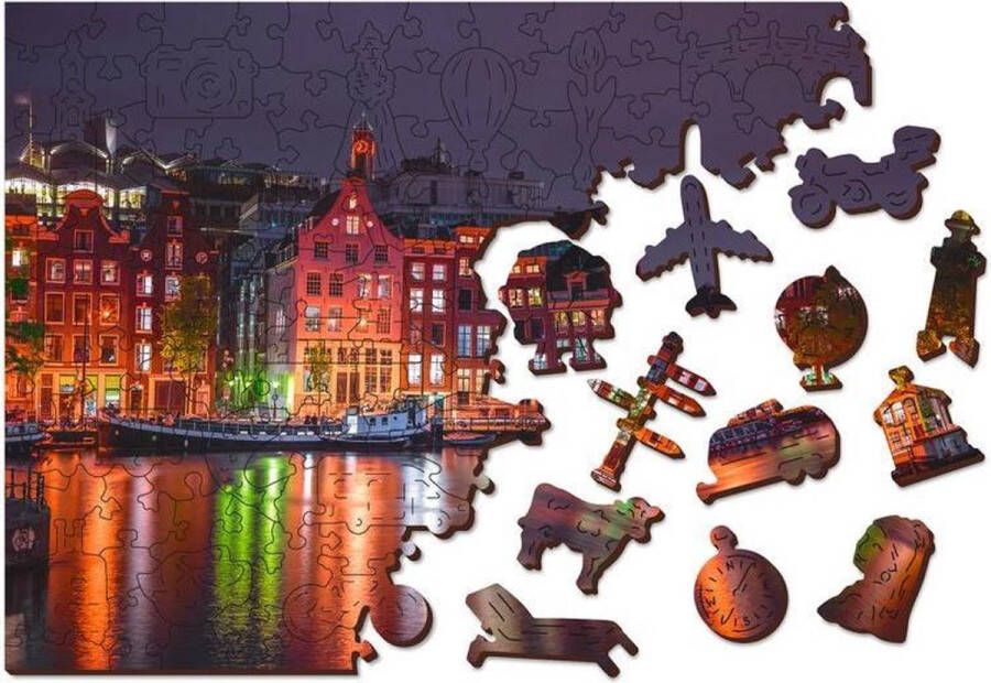 Wooden City Amsterdam bij Nacht XL Houten Vormpuzzel 52x38 cm 600 stukjes
