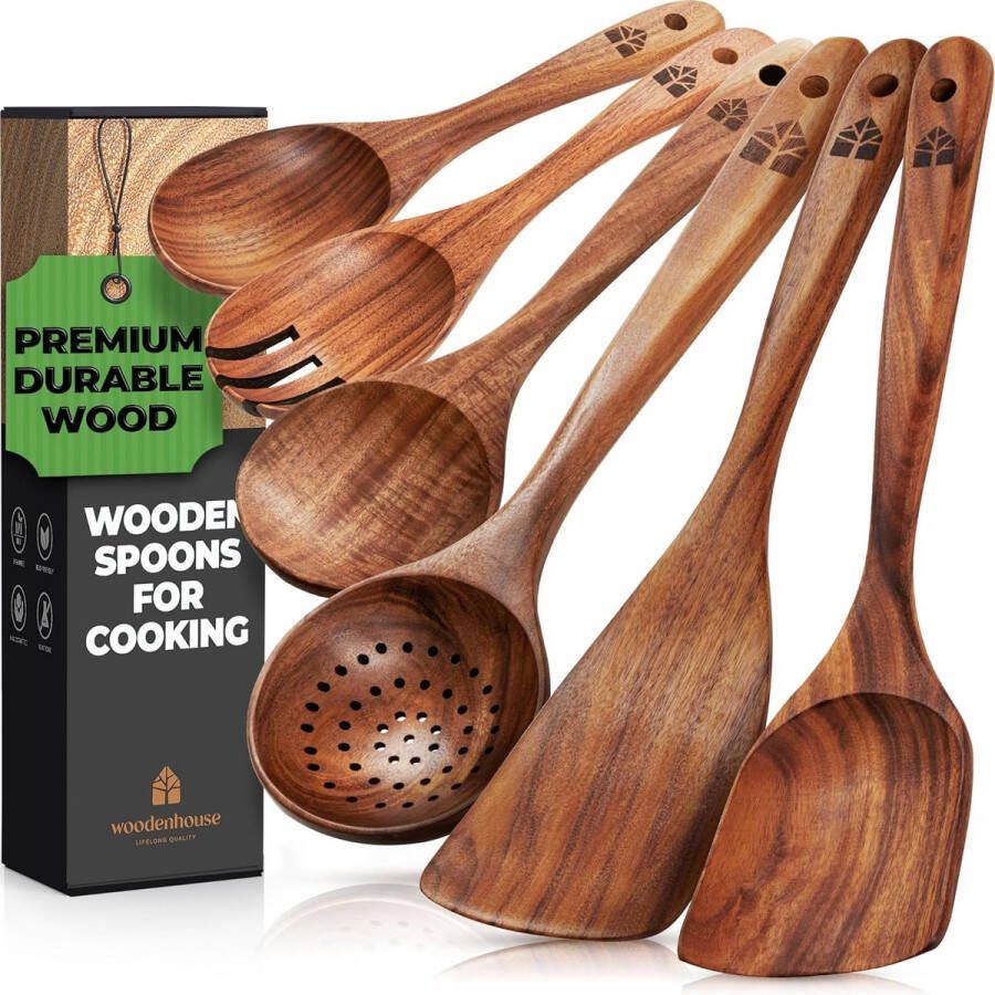 WOODENHOUSE LIFELONG QUALITY Houten lepels om te koken teakhouten gebruiksvoorwerpen om mee te koken hittebestendige houten lepelsets om mee te koken comfortabele grip anti-aanbakbare houten kookgerei 6 stuks houten