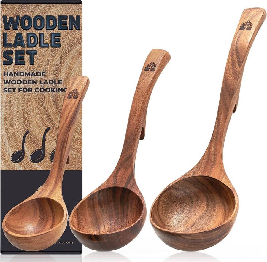 WOODENHOUSE LIFELONG QUALITY Houten pollepel 3 formaat teakhouten keukenlepel met achterhaken voor pot en kom niet-stick houten lepels voor koken serveren en roeren