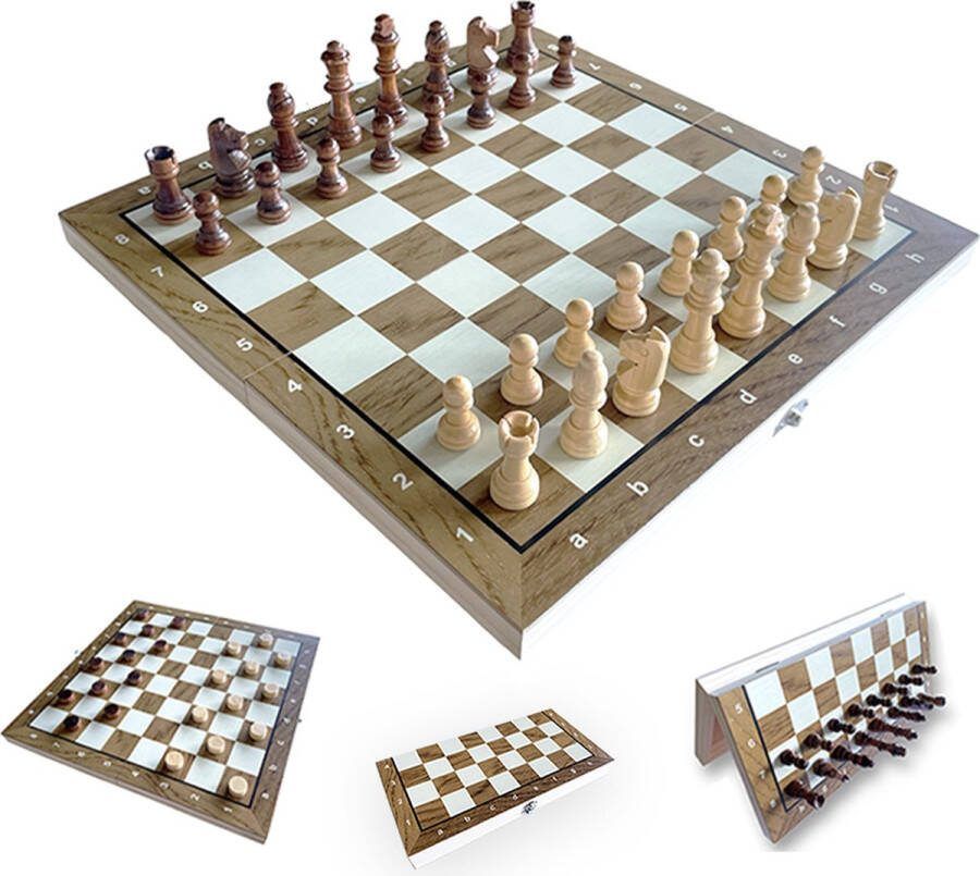 Woodley CHESS&CHECKERS Schaak en dam set 2in1 hout Opklapbaar bord magnetisch schaakstukken dammen 34CM