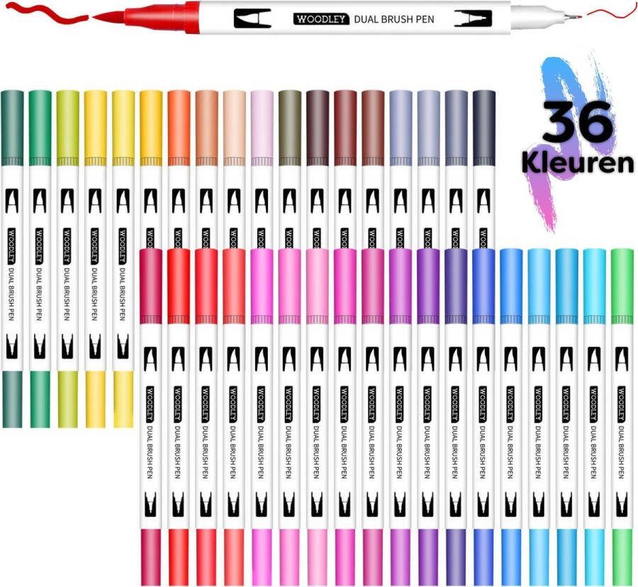 Woodley Dubbelzijdige Stiften Set 36 Kleuren Kinderen en voor Volwassenen Brush Pennen Twinmarkers