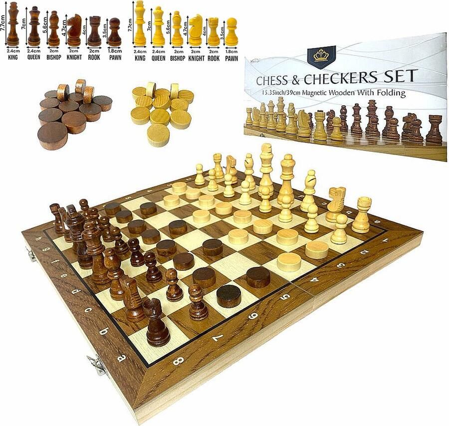 Woodley CHESS&CHECKERS Schaak en dam set 2in1 hout Opklapbaar bord magnetisch schaakstukken dammen 39CM