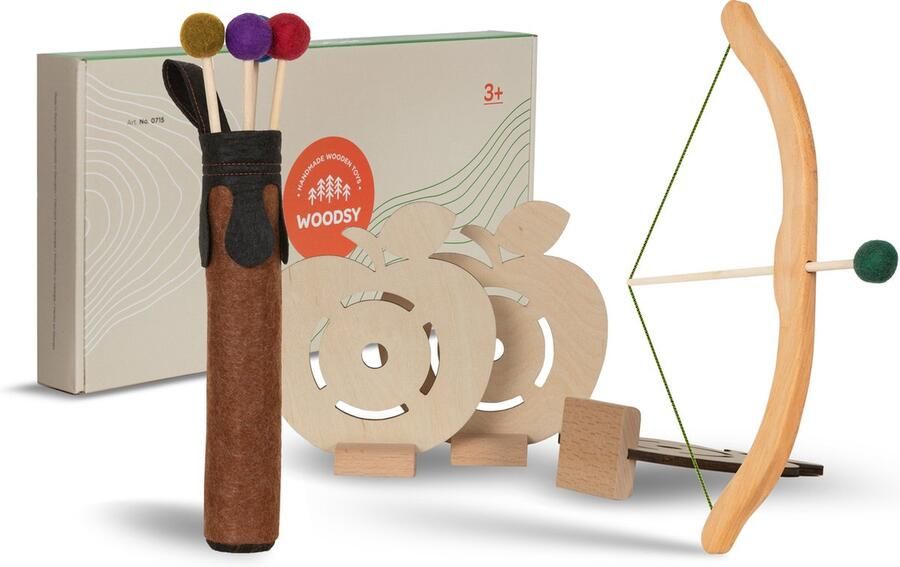 WOODSY Houten pijl en boog voor kinderen vanaf 4 jaar met 5 pijlen koker voor pijlen en 3 figuren (schietschijf)