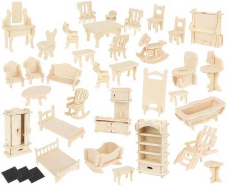 Woodtoys Poppenhuis meubels 34 stuks 175 onderdelen Houten poppenhuis meubels
