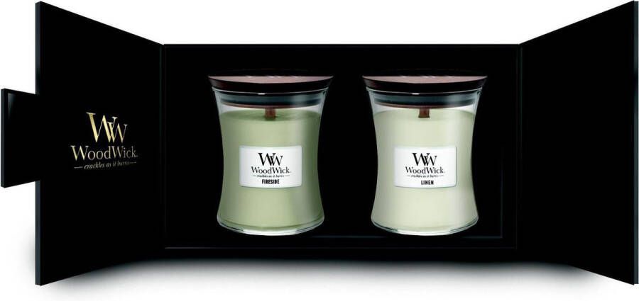 Woodwick Giftset Geurkaars Medium Fireside & Linen 2 Stuks