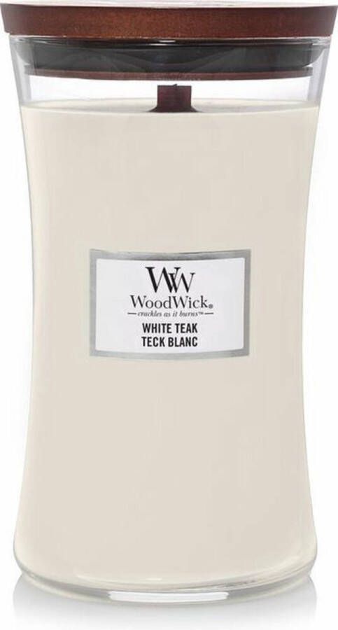 Woodwick Large Hourglass geurkaars White Teak Tot 130 branduren