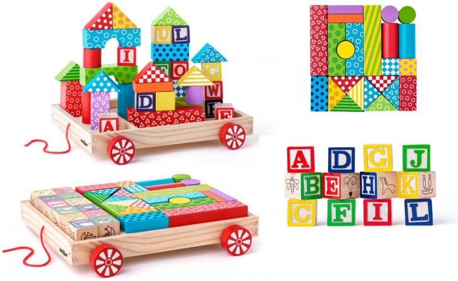 Woody Blokkenkar klein Incl. 36 blokken Hout 27x24x6cm
