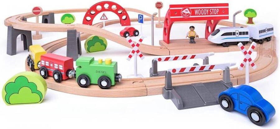 Woody Toys houten treinbaan 60-delig met elektrische locomotief