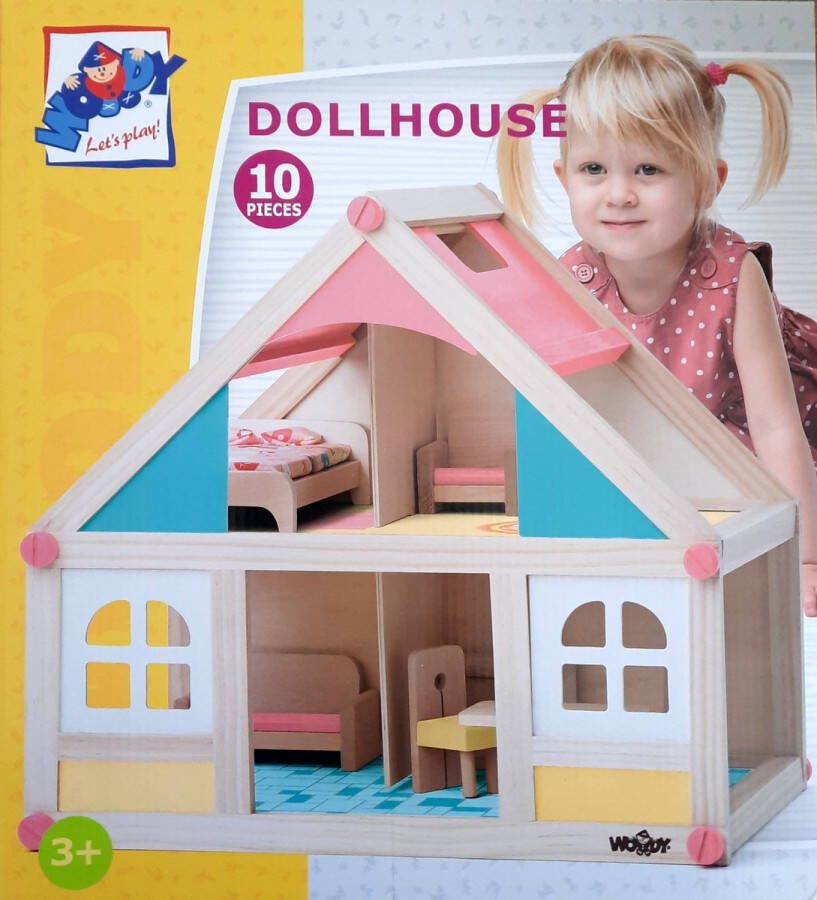 Woody Toys poppenhuis met poppen en meubeltjes 91328