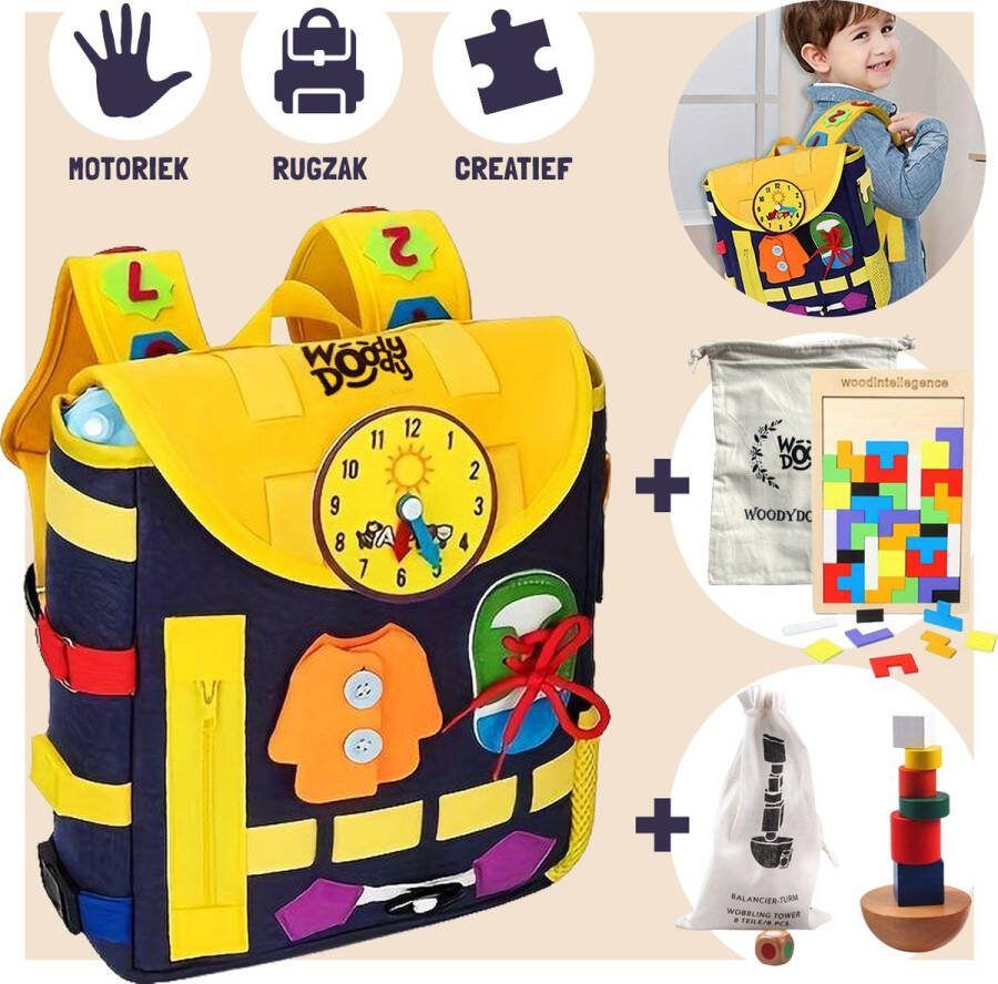 WoodyDoody Motoriek Rugzak XL met Houten Tetris Puzzel en Houten Balanceertoren Montessori Ppeelgoed Activiteiten Rugzak voor Kinderen met Breinbreker Spellen voor Jong en Oud- 4 delige Leerzame Spellen Educatieve Spellen Combinatie Voordeel Set