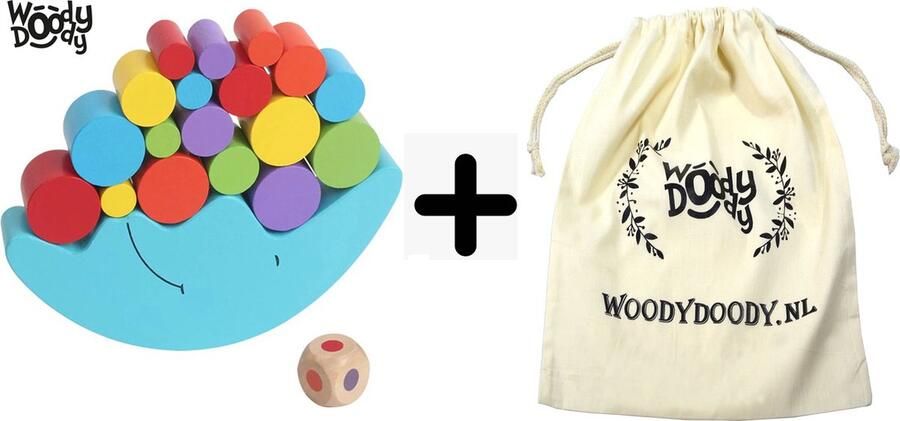WoodyDoody Houten Balanceer Puzzel met OPBERGZAK met Dobbelsteen Kleuter Educatief COMBI SET Speelgoed 3 jaar Houten Blokken Peuter Speelgoed Veel Kleuren Leerzame Spellen