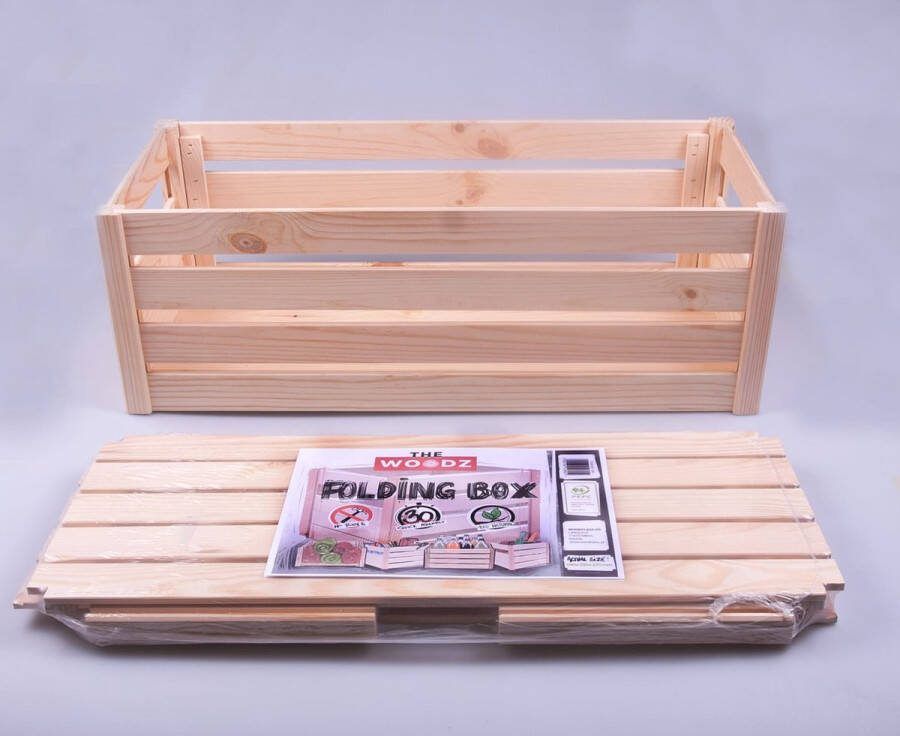 WoodZ Houten opvouwbare kist Houten vouwkist opbergkist maat: 69 cm x 29 5 cm x 23 5 cm Montage zonder gereedschap in enkele seconden Tot 8 keer minder ruimte nodig voor transport Montage en demontage in minder dan een minuut. maten