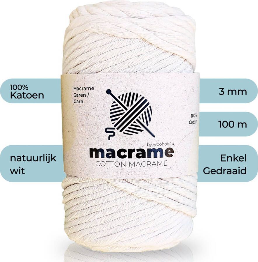 Woohoo4u Premium Macrame Garen 3mm x 100M Zacht en enkel gedraaid 100% Katoen DIY Koord voor Armbandjes Sleutelhangers of Tashangers Plantenhangers Boho Decoraties en meer