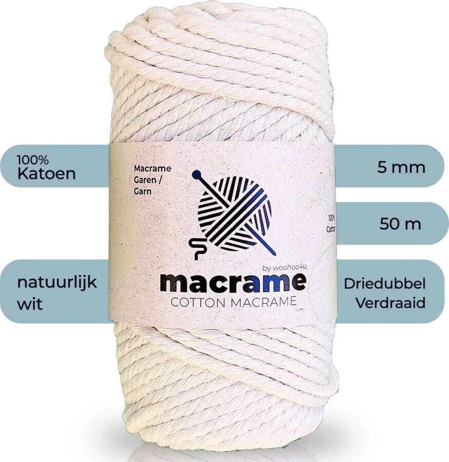 Woohoo4u Premium Macrame Garen 5mm x 50M Zacht en drievoudig gedraaid (3-PLY) 100% Katoen DIY Koord voor Wandhangers Plantenhangers Boho Decoraties en meer