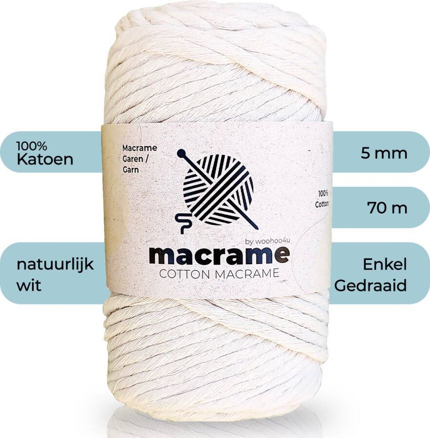 Woohoo4u Premium Macrame Garen 5mm x 70M Zacht en enkel gedraaid 100% Katoen DIY Koord voor Wandhangers Plantenhangers Boho Decoraties en meer