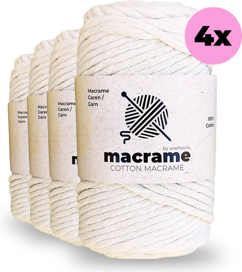 Woohoo4u Premium Macrame Garen Set 3mm x 400M Zacht en enkel gedraaid 100% Katoen DIY Koord voor Armbandjes Sleutelhangers of Tashangers Plantenhangers Boho Decoraties en meer (4 Stuks)