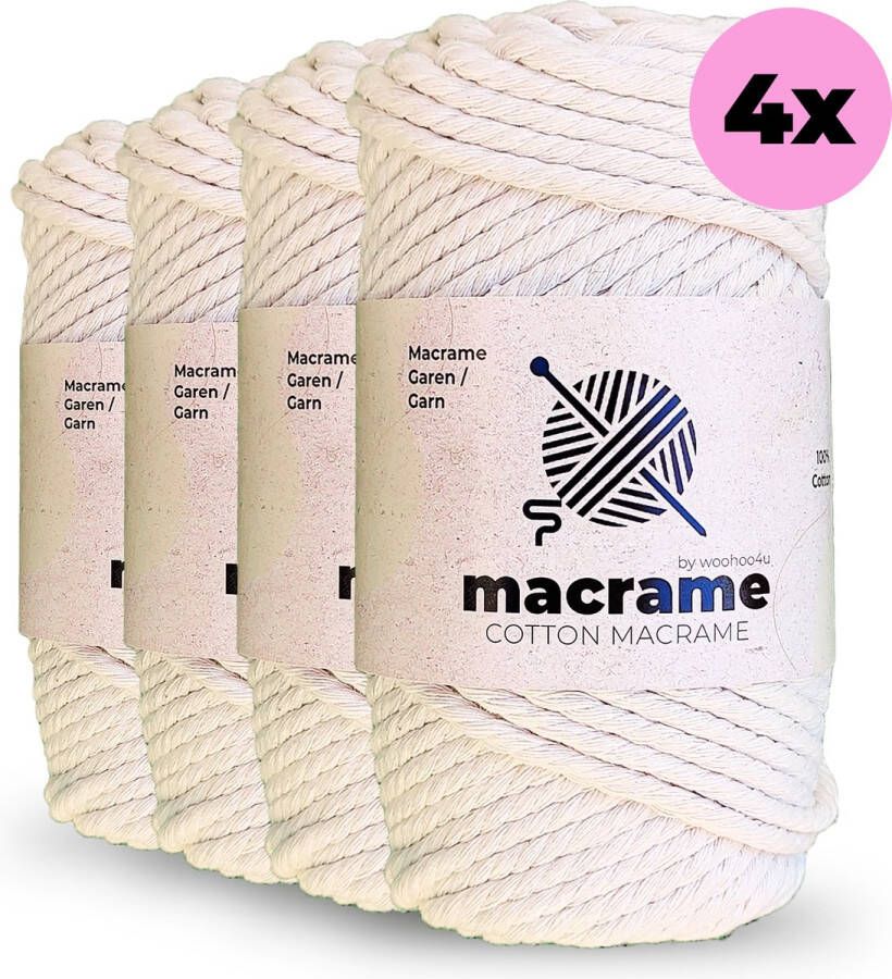 Woohoo4u Premium Macrame Garen Set 5mm x 200M Zacht en drievoudig gedraaid (3-PLY) 100% Katoen DIY Koord voor Wandhangers Plantenhangers Boho Decoraties en meer (4 Stuks)