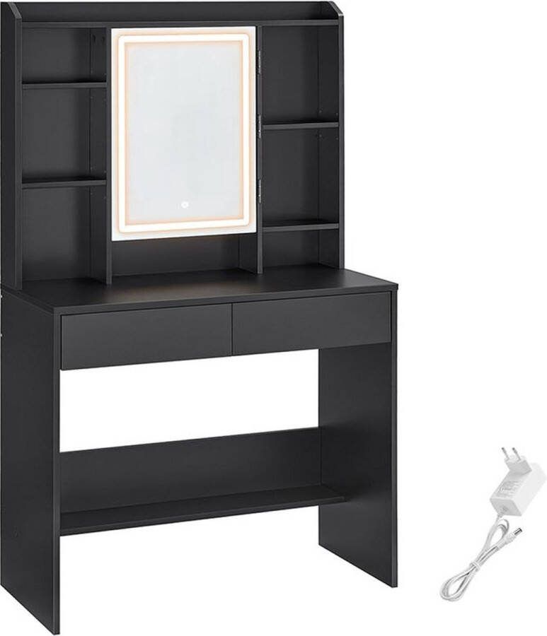 Woon Wereld Kaptafel Make-up tafel Met LED verlichting en spiegel 2 Lades Van hout Zwart