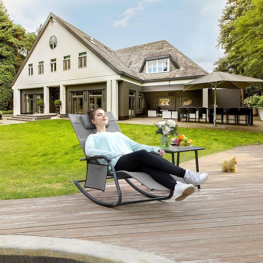Woon Wereld Schommelstoel Tuinstoel Met hoofdsteun Stalen frame Grijs