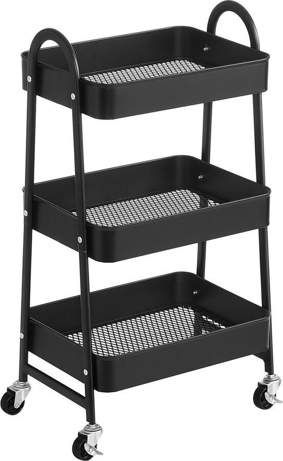 Woon Wereld Trolley Met 3 niveaus Metalen serveerwagen keukentrolley Keukenplank Met handgrepen Zwart
