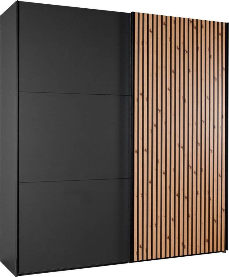 Woonexpress Kledingkast Bakel Hout Zwart 200x216x65 cm (BxHxD) Schuifdeuren Deur met 3D verticale houtlook lamellen
