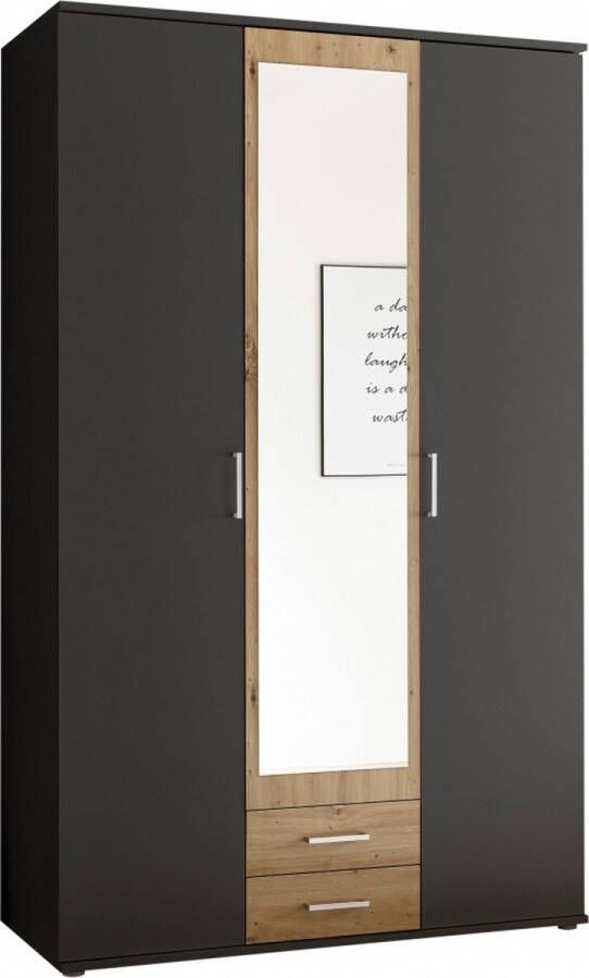 Woonexpress Kledingkast Beugen Hout Grijs 120 x 196 x 54 cm (BxHxD) 3 Deuren 2 Lades Spiegel Draaideur Kast
