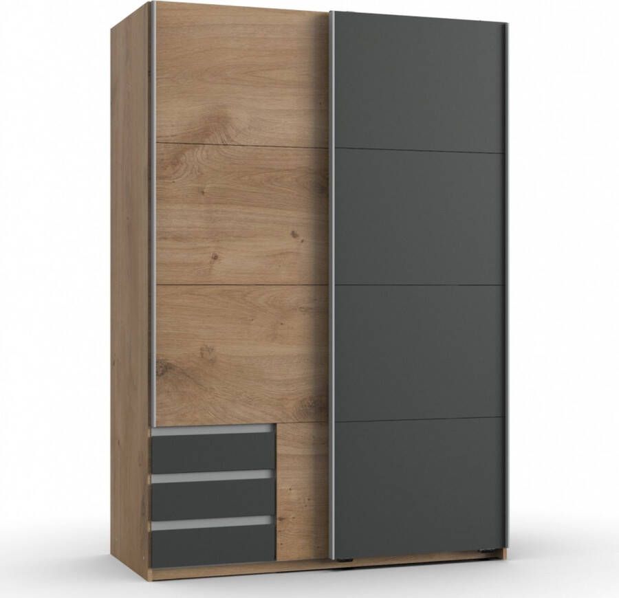 Woonexpress Kledingkast Elsen Naturel Eiken Houtlook Grijs 135 x 198 x 64 cm (BxHxD) Schuifdeurkast 3 Laden