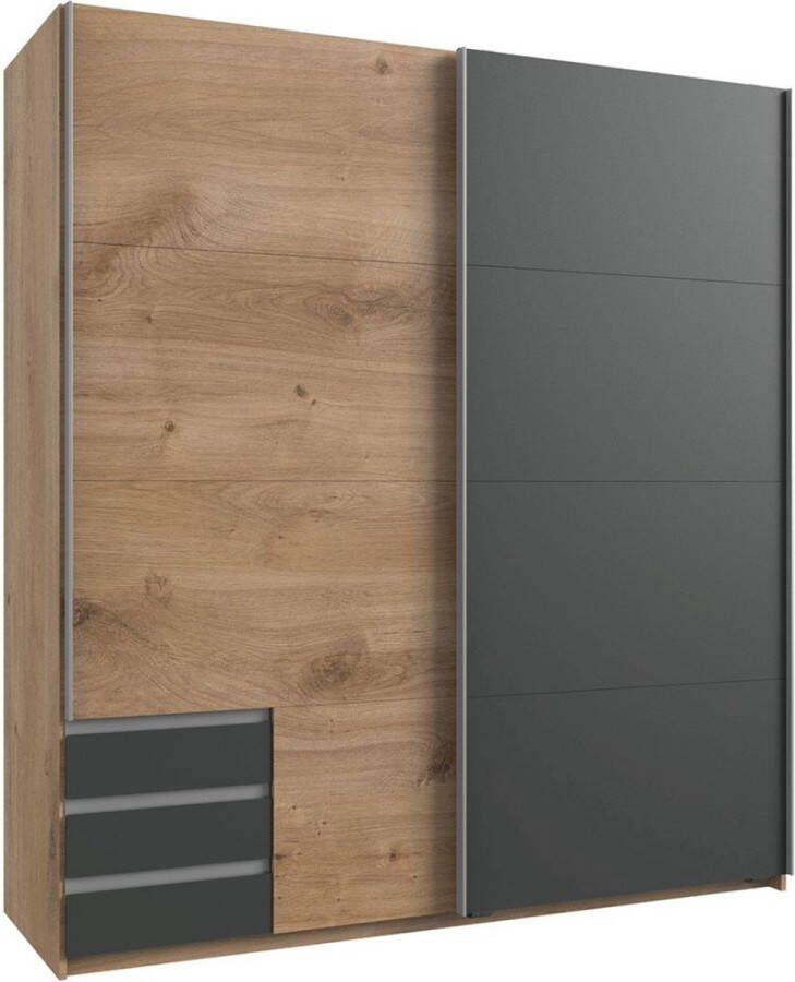 Woonexpress Kledingkast Elsen Naturel Eiken Houtlook Grijs 179x198x64 cm (BxHxD) Schuifdeuren 3 Laden