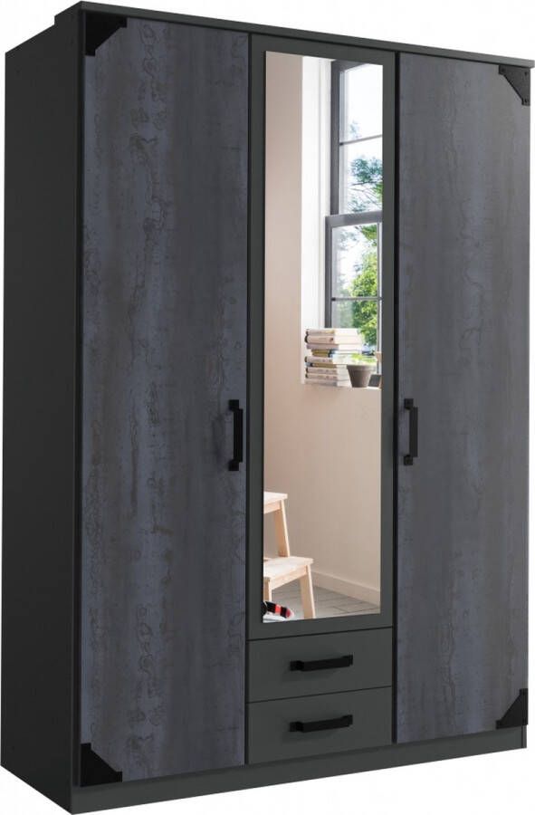 Woonexpress Kledingkast Gameren Hout Zwart 135x199x58 cm (BxHxD) Draaideurkast 3 Deuren Spiegel 2 Laden