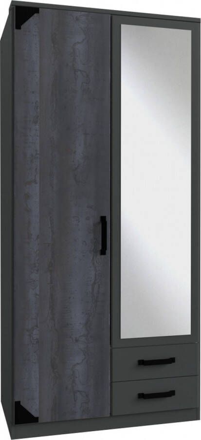 Woonexpress Kledingkast Gameren Hout Zwart 90x199x58 cm (BxHxD) Draaideurkast 2 Deuren Spiegel 2 Laden